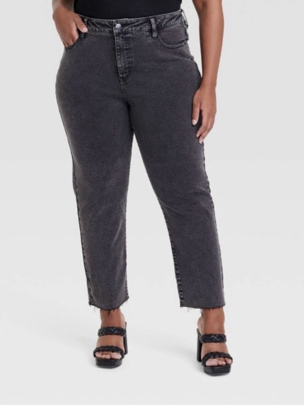 Ava & Viv Plus Size High-Rise Ankle Straight Jeans Raw-Hem Black 18